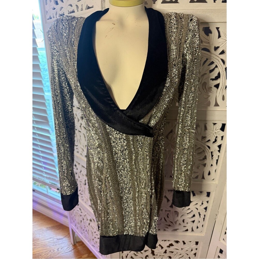NWT Missguided Peace+Love Sequined Silver Cocktail Dress with Velvet Trim Sz 2